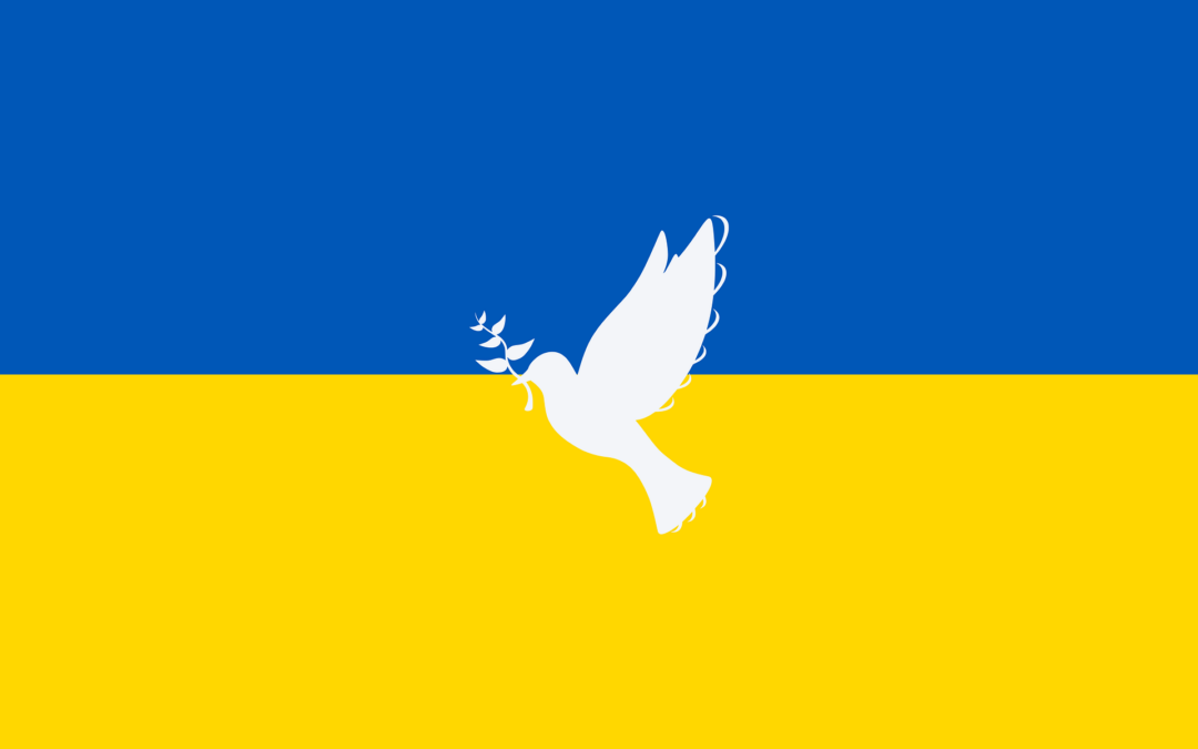 Flagge der Ukraine mit weißer Friedenstaube in der Mitte